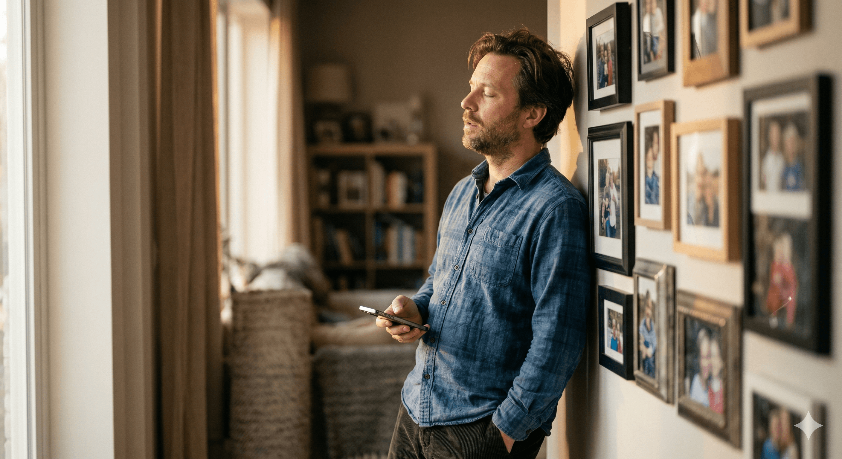 A caregiver leaning against a wall of family photos