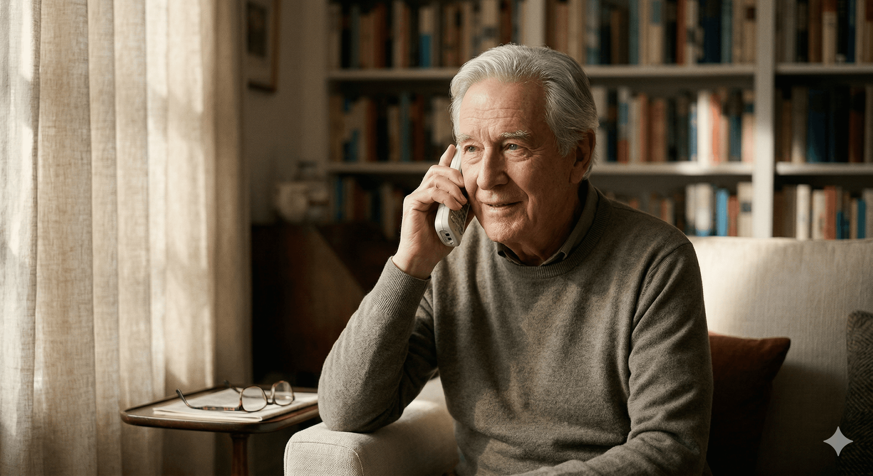 Elderly man sitting at home, relaxed among familiar surroundings